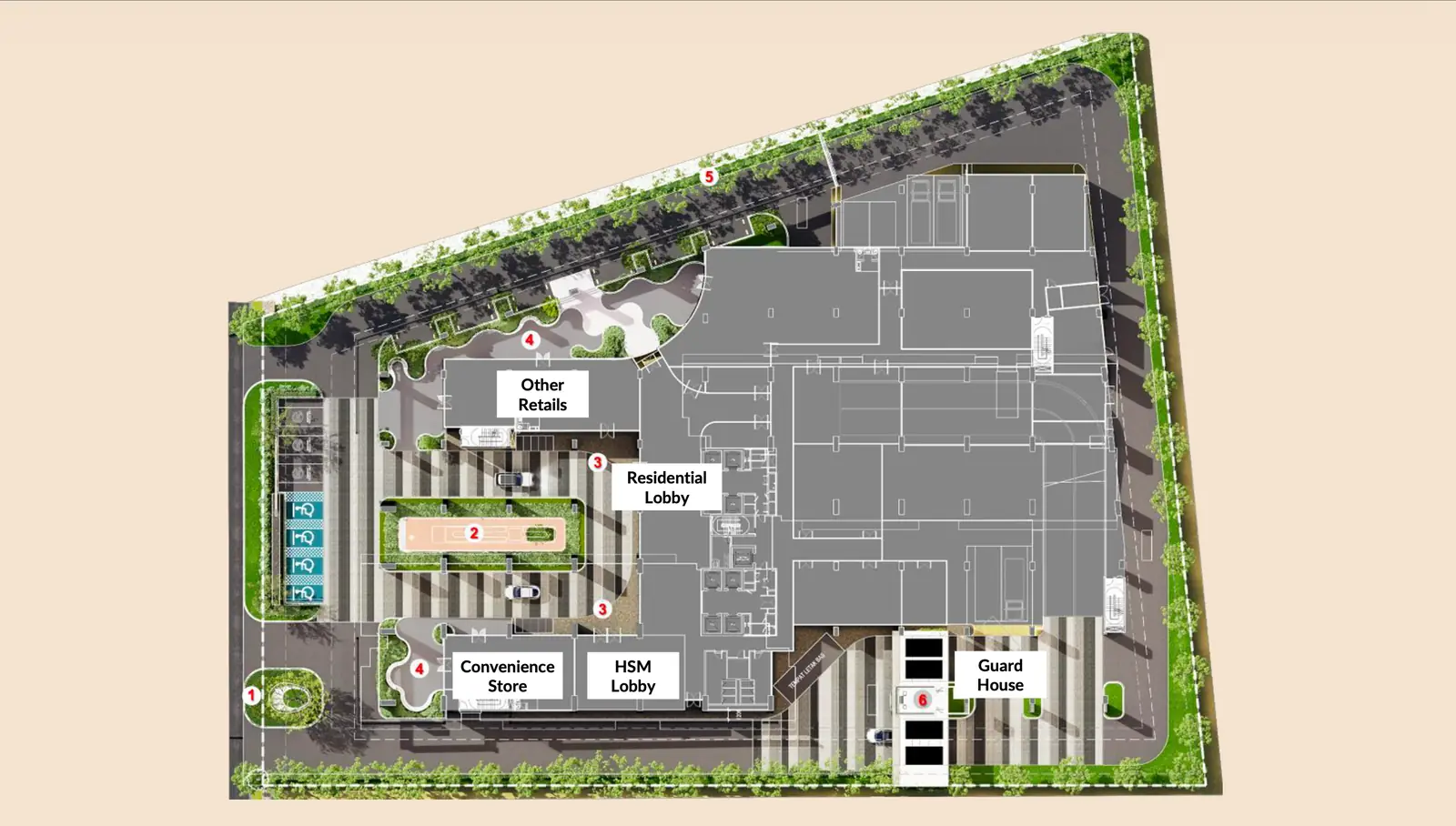 Ground floor conceptual plan with labelled lobbies, retail and guard house