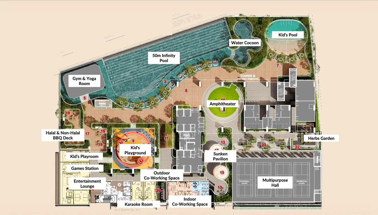 Level 10 podium facilities plan with labelled facilities